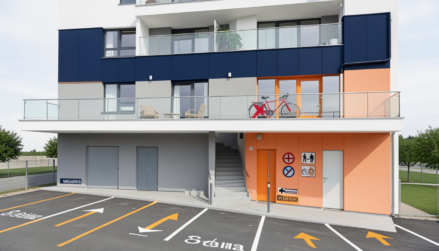 Crea infografica professionale verticale 9:16 per articolo legale condominio. Titolo bold: 'Parti Comuni in Condominio: Guida Completa Art. 1117 c.c., Abusi Pianerottoli, Parcheggi Indivisi | Studio Lorenzoni SNC Castel Maggiore'. Edificio moderno con highlight: X rossa su bici in pianerottolo, parcheggio con frecce millesimi, icone scale/grondaie. Colori blu navy, grigio, arancione. Stile pulito esperta, font sans-serif, call-to-action in basso.