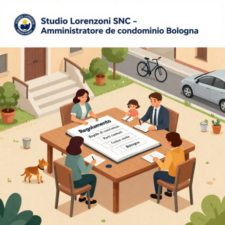 Illustrazione moderna che rappresenta il regolamento condominiale, le regole di convivenza e le parti comuni di un condominio, ideata per accompagnare gli articoli di Studio Lorenzoni SNC di Bologna sull’amministrazione condominiale a Bologna e provincia.