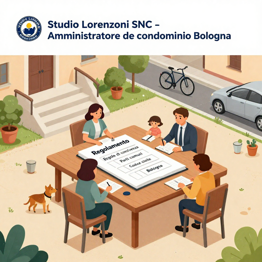 Illustrazione moderna che rappresenta il regolamento condominiale, le regole di convivenza e le parti comuni di un condominio, ideata per accompagnare gli articoli di Studio Lorenzoni SNC di Bologna sull’amministrazione condominiale a Bologna e provincia.