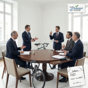 Illustrazione professionale di un’assemblea condominiale con verbale, maggiornanze, spese e riferimenti alla nullità e annullabilità delle delibere, ideata per accompagnare gli articoli di Studio Lorenzoni SNC di Bologna sulla gestione condominiale a Bologna e provincia.