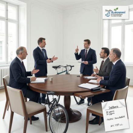 Illustrazione professionale di un’assemblea condominiale con verbale, maggiornanze, spese e riferimenti alla nullità e annullabilità delle delibere, ideata per accompagnare gli articoli di Studio Lorenzoni SNC di Bologna sulla gestione condominiale a Bologna e provincia.