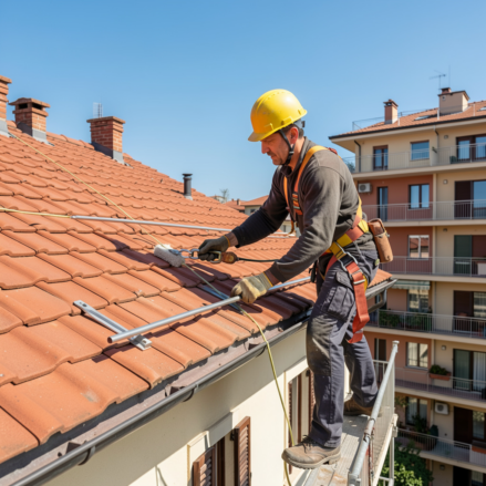 Operaio imbragato su linea vita durante manutenzione tetto condominiale italiano, sicurezza anticaduta garantita per condomini.