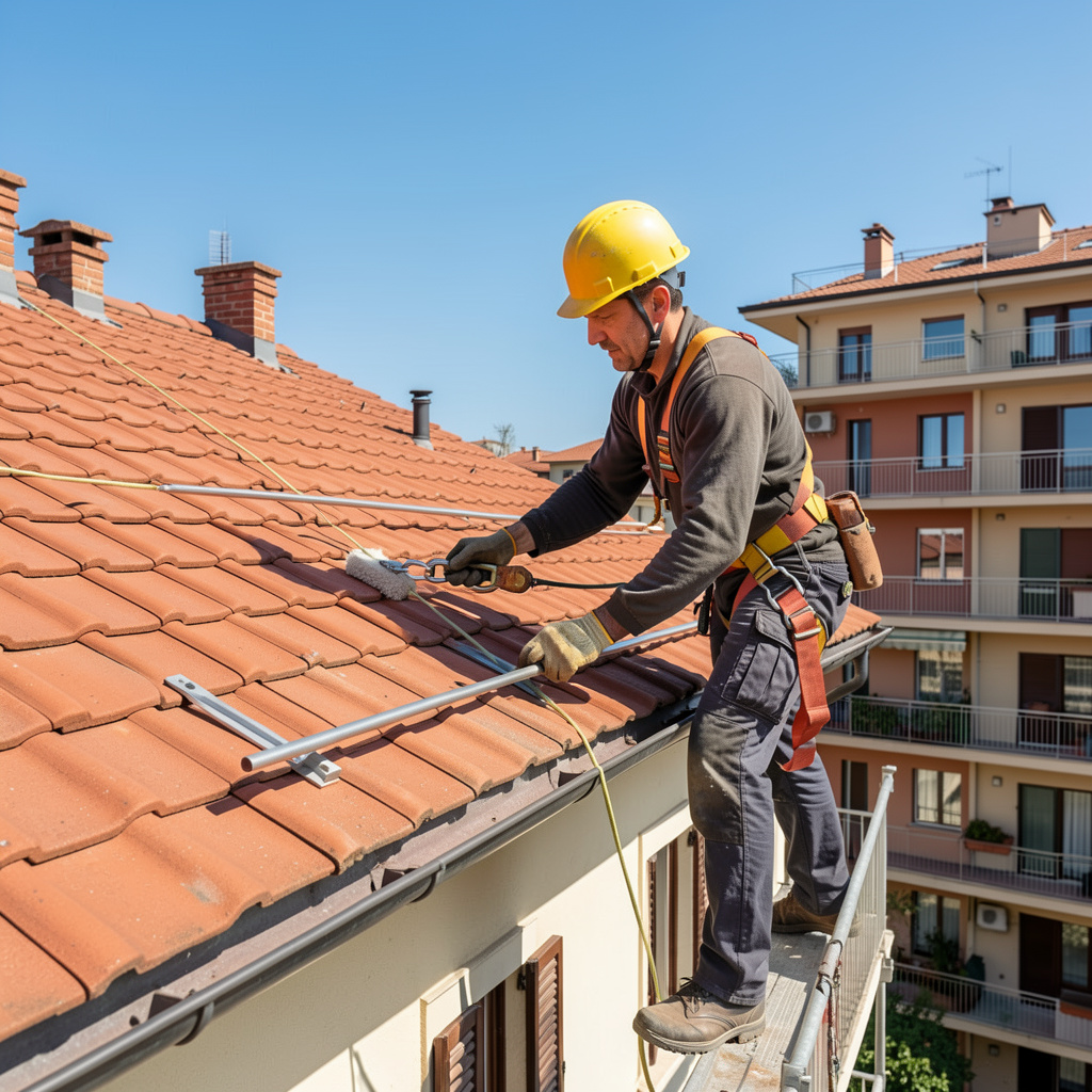 Operaio imbragato su linea vita durante manutenzione tetto condominiale italiano, sicurezza anticaduta garantita per condomini.