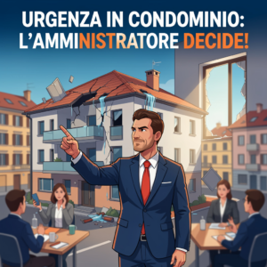 Illustrazione dinamica: amministratore condominiale interviene su guasti urgenti (crepe tetto, infiltrazioni) senza assemblea. Stile moderno per blog su poteri art. 1135 c.c. - Studio Lorenzoni Bologna.