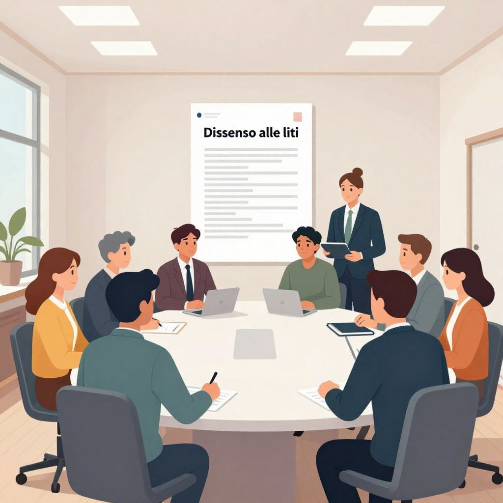 Immagine illustrativa sul dissenso alle liti in condominio, con assemblea, condomini e amministratore in discussione legale. Contenti, Studio Lorenzoni – amministrazione condominiale Emilia‑Romagna e Bologna.