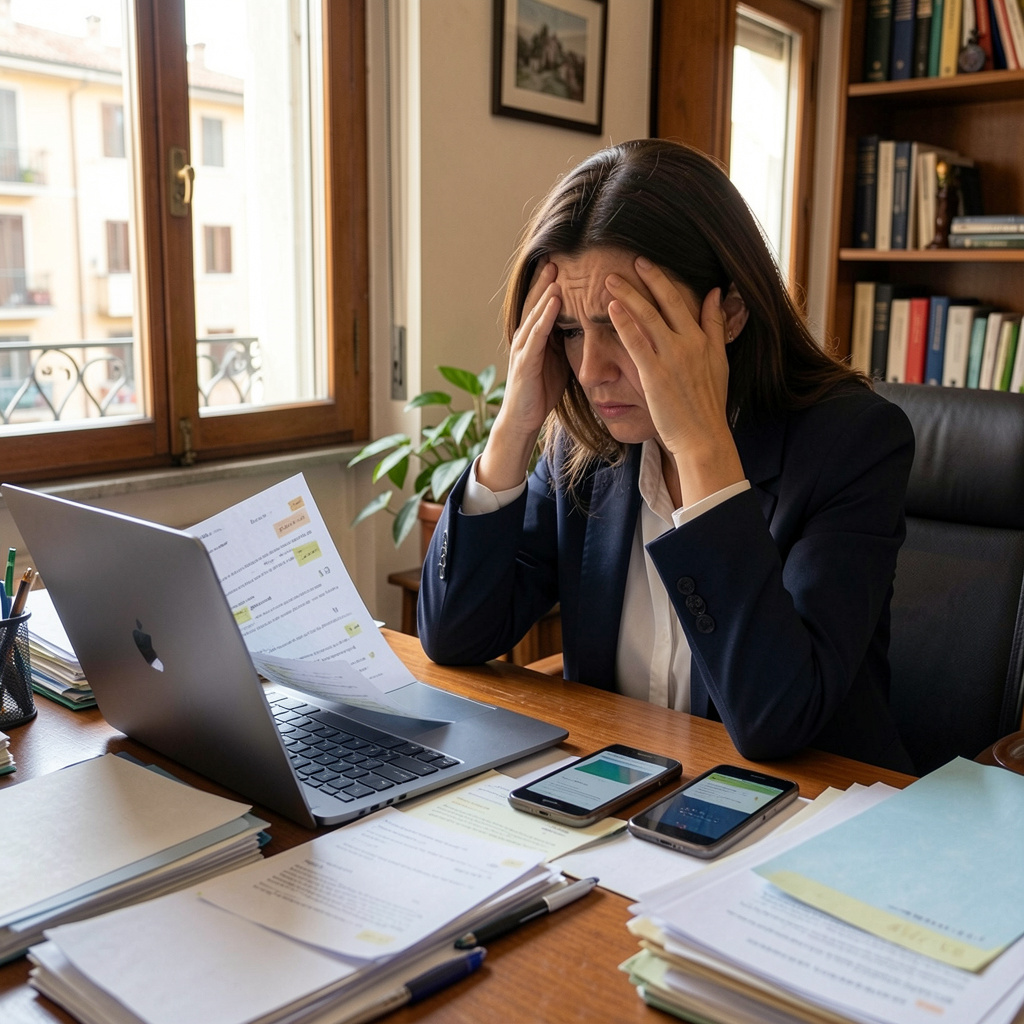 Studio Lorenzoni SNC – immagine professionale sullo stalking condominiale: amministratore di condominio perseguitato da mail e messaggi, illustrazione che rappresenta atti persecutori e tutela legale.