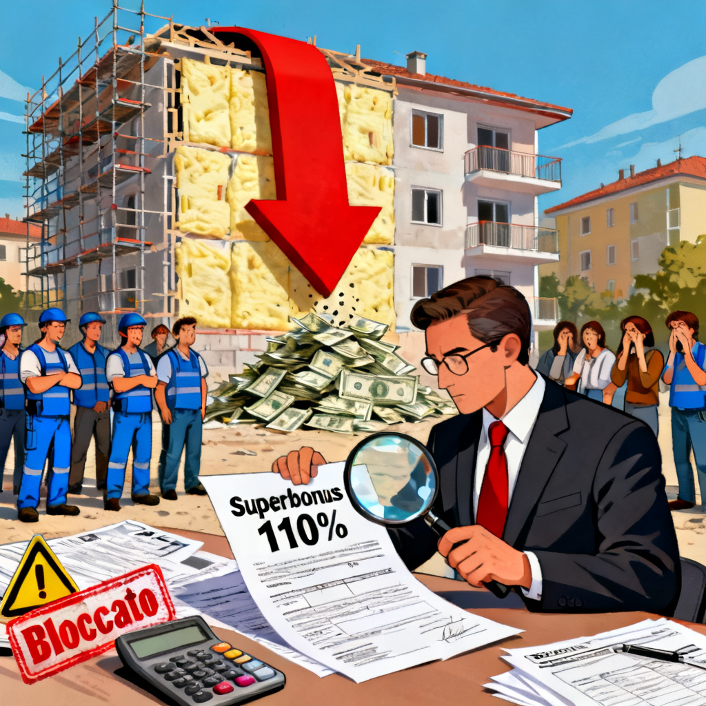 Immagine di forte impatto per Studio Lorenzoni SNC – Amministratore di condominio Bologna, dedicata al tema Superbonus 110% e condomìni. Condominio con cantiere incompleto, isolamento termico, documenti fiscali, crediti sospesi e amministratore, perfetta per guide e articoli di amministrazione condominiale a Bologna e in Emilia‑Romagna.