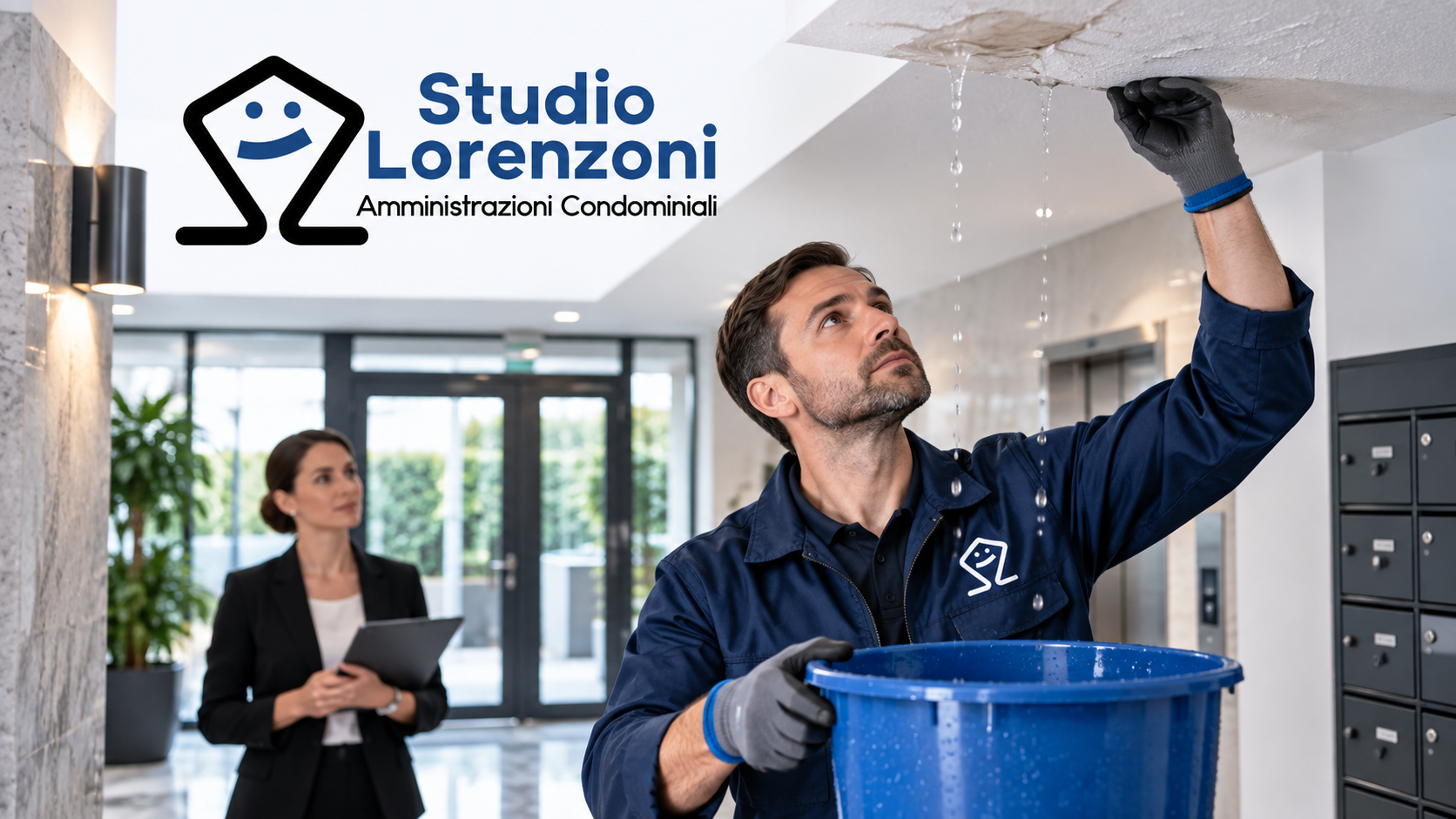 Tecnico interviene su una perdita d’acqua urgente in condominio con assistenza dell’amministratore Studio Lorenzoni